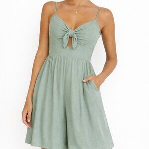 Everly Sage Green Tie Front Smocked Wide Leg Romper Summer Size L Soft Boho Fit